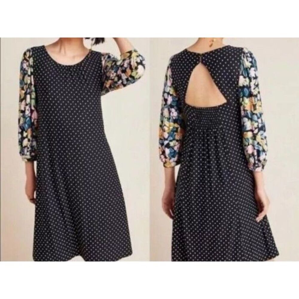 Anthropologie Maeve Dress Small Balloon Sleeve Polka Dot Floral Sawyer Black‎